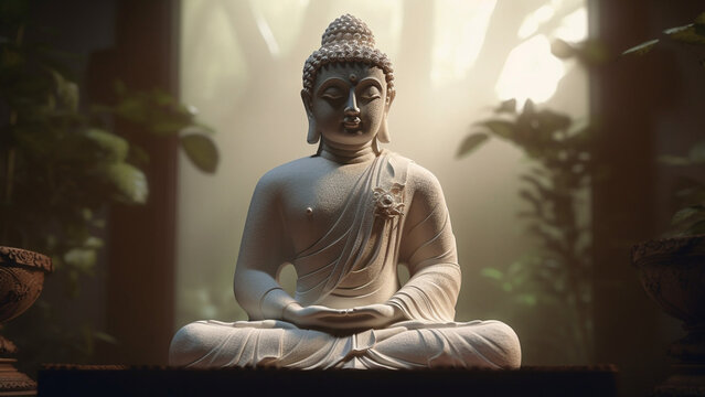 Image generative AI. Buddha sitting in the jungle in the lotus position meditating with his eyes closed meditating.