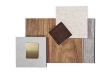 interior design material board in flat lay view for architecture or house decoration consists wooden vinyl flooring tiles, stone tile, quartz, stainless isolated on background with clipping path.