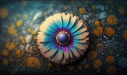  a flower with a blue center sitting on a surface with yellow dots.  generative ai