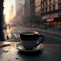 A cup of coffee stands on the table of a street cafe on a busy street in the early morning. Generative AI