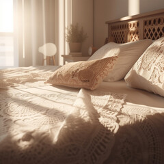 Close up of bed with lacework cover sheet, white and brown embroidered pillowcase and cushion in morning sunlight from window on beige wall bedroom for vintage style interior decoration background 3D