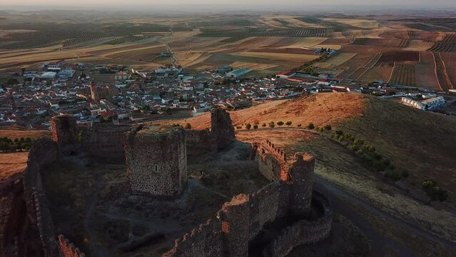 Drone view of Castillo de Riba de Santiuste before cityscape