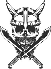 Viking skull in horned helmet with beard and mustache with crossed machete sharp knife and ribbon. Melee weapon of hunter in jungle. Black and white isolated illustration