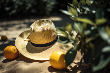 Beach accessories with hat and lemons  summer holiday and vacation concept created wtih AI
