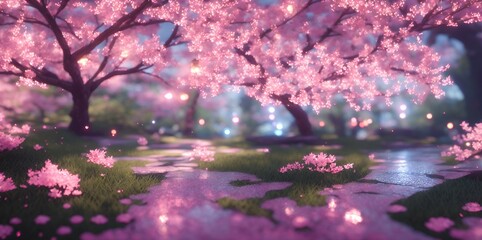 Beautiful glamourous Sakura flowers, street lamps, bokeh, night effect, bokeh light, beautiful background, shimmering lights