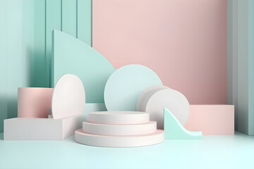 Abstract pastel podium model made of geometric solids, cylinders, spheres. Generative AI content.