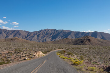 Fototapeta na wymiar Endless road stretching straight through Death Valley National Park, California, USA. Highway in dry Mojave desert on sunny summer day with Amargosa Mountain Range in back. Freedom road trip concept