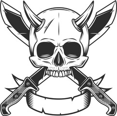 Skull with horn without jaw and crossed machete sharp knife with ribbon.Melee weapon of hunter in jungle. Black and white isolated illustration