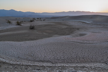 Panoramic sunrise view on Mesquite Flat Sand Dunes in Death Valley National Park, California, USA....