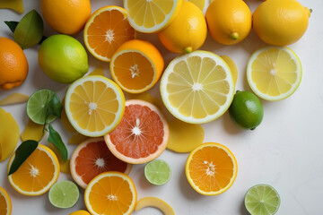 Many different citrus fruits as background, top view, isolated on white,  Created using generative AI tools.