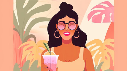 Summer resort illustration of woman in sunglasses and swimsuit holding juice with tropical foliage in the background. Generative AI