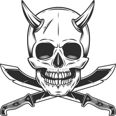 Skull with horn and machete sharp knife melee weapon of hunter in jungle. Black and white isolated illustration