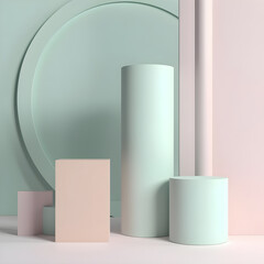 Abstract pastel podium model made of geometric solids, cylinders, spheres. Generative AI content.