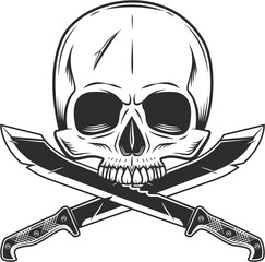 Skull without jaw with machete sharp knife melee weapon of hunter in jungle. Black and white isolated illustration