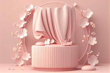 pink podium display. Sakura pink flower on pastel silk cloth. Cosmetic