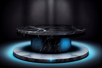 Obraz premium modern and elegant marble stone round podium in dappled light from lighting in black stone marble background and colorfull powder splash for product display