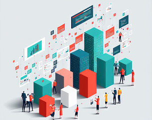 Data management concept with people analysing the graphs. Business and tech composition with database analysis. Generated AI.