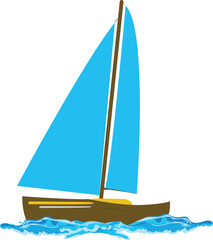 Illustration of seascape, ocean waves, and sailing boats. Vector of the floating yacht, sailboat, cruise, or vessel on the sea isolated in white background