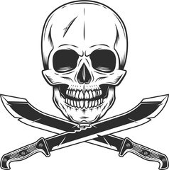 Skull with machete sharp knife melee weapon of hunter in jungle. Black and white isolated illustration