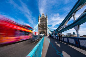Blurred shot of the traffic on Tower Bridge in London, Europe