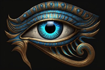 Blue Esoteric Eye of Horus: Antique God Statue Glow of Mythology, Art, and Spiritual Culture Illustration: Generative AI - obrazy, fototapety, plakaty