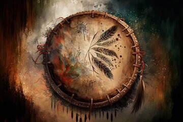 Beautiful Tribal Shaman Calling Spirits on Digital Drum - Mystic Journey of Dream and Fantasy: Generative AI - obrazy, fototapety, plakaty