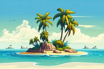 Fototapeta na wymiar Island Paradise: Beach Landscape Cartoon Illustration with Ocean, a Tropical Isle of Palms and Sky. Generative AI