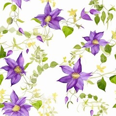 Obraz premium Seamless pattern with purple clematis flowers with lingering green stem. Made with Generative AI.