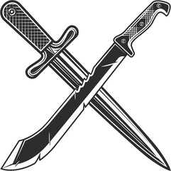 Machete knife with sharp dagger icon, melee weapon of hunter in jungle. Black and white isolated illustration