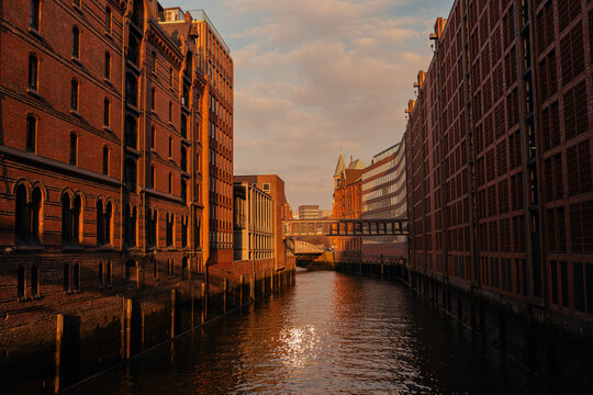 Warehouse District in Hamburg, Germany. Old buildings and bridges in Hamburg Speicherstadt