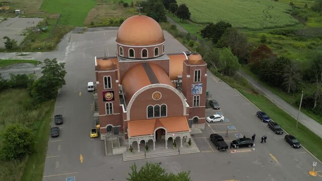 Aerial view of the St. Panteleimon Greek Orthodox Church of Markham, Canada.