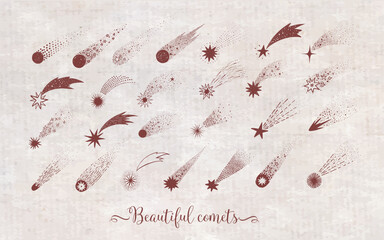 Collection of doodle comets, meteorites and shooting stars on vintage background. Vector sketch illustration.