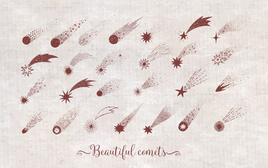 Collection of doodle comets, meteorites and shooting stars on vintage background. Vector sketch illustration. © elinacious