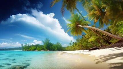 Plakat Exotic tropical beach with palm trees near the sea or ocean for relaxation. AI generated.