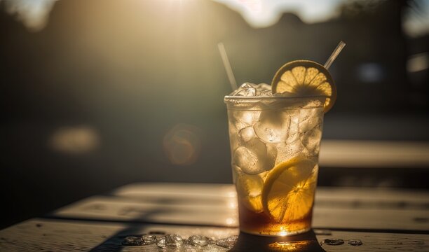  a glass of iced tea with lemon slices and a straw.  generative ai