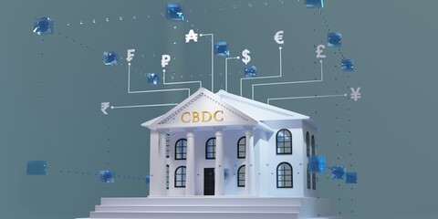 CBDC money transfer conceptual 3d rendering illustration. Central bank digital currency transaction in different currency.