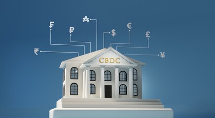 CBDC money transfer conceptual 3d rendering illustration. Central bank digital currency transaction in different currency.