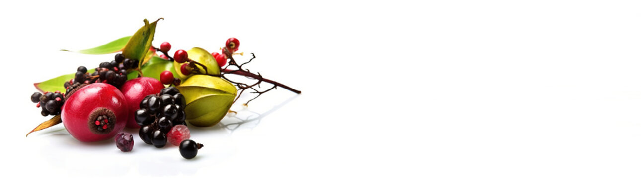 Fresh wild forest tropical exotic berries, isolate on white background. AI generated. Header banner mockup with space.