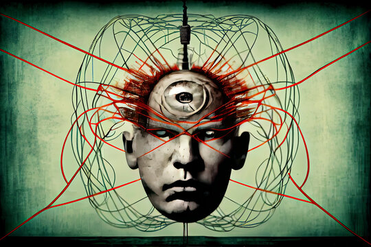 Mind control, brain with strings, manipulation and dictator concept