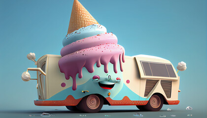 Tasty sweet Ice cream truck, cartoon, vintage. AI generative content