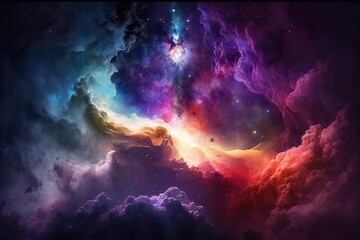Fototapeta premium Stars and planets of the space nebula on a dark blue background. AI generated.
