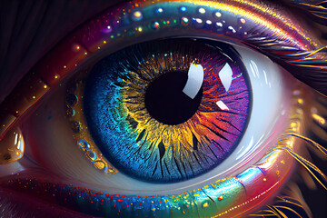 multiverse detail in the pupil of an eye, yin yang reflected in lens, rainbow