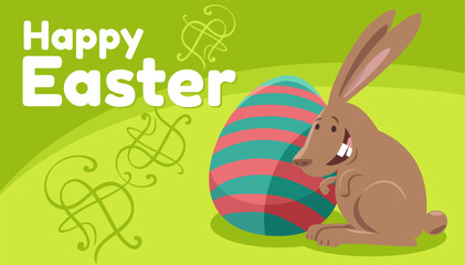 cartoon Easter bunny with painted egg greeting card