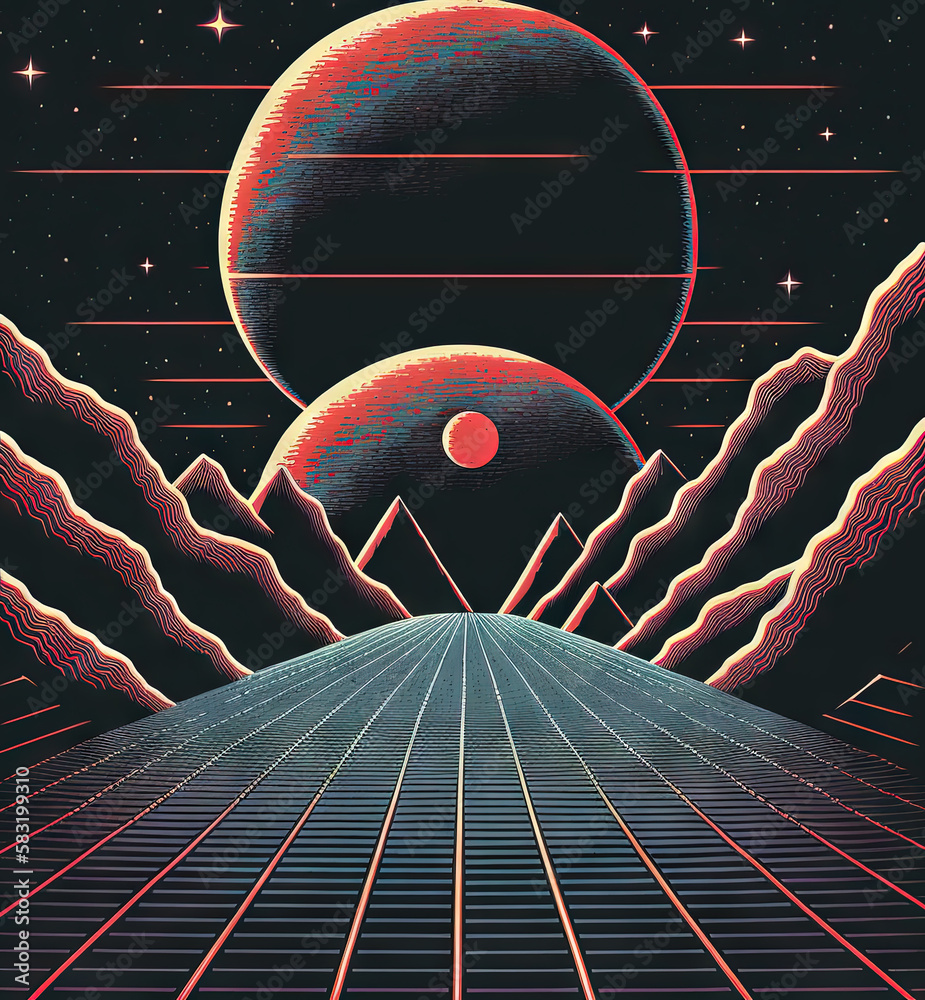 Poster retro styled sci-fi landscape with mountains. retro futuristic science fiction illustration in drawi