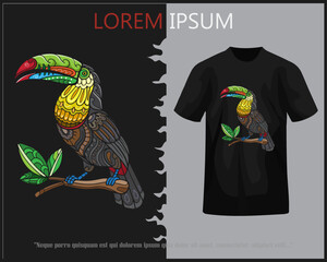 Colorful toucan bird mandala arts isolated on black t-shirt.