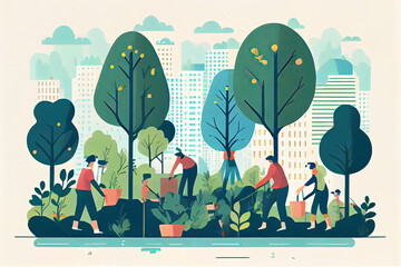 People are planting tree seedlings in the city park. Volunteers or city dwellers, men and women