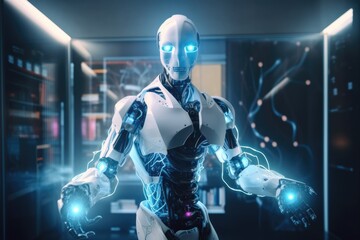 Obraz na płótnie Canvas AI takes power and becomes alive, AI robot escapes, created with Generative AI 