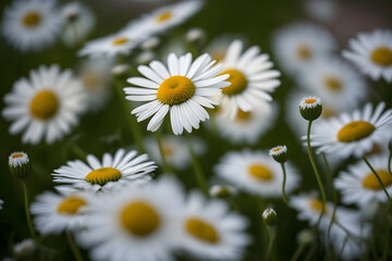 Obraz premium field of wild chamomile flowers on a green natural background, Generative AI