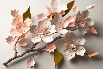 Illustration of paper pink flowers of Japanese cherry, sakura, origami, Generative AI