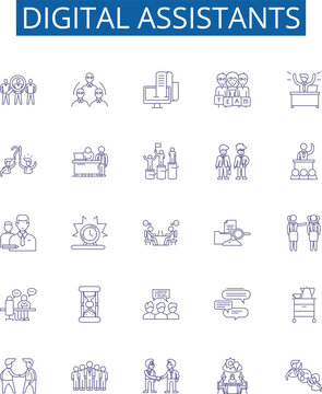 Digital assistants line icons signs set. Design collection of Virtual, Assistants, Digital, Siri, Alexa, Cortana, Bixby, Google outline concept vector illustrations
